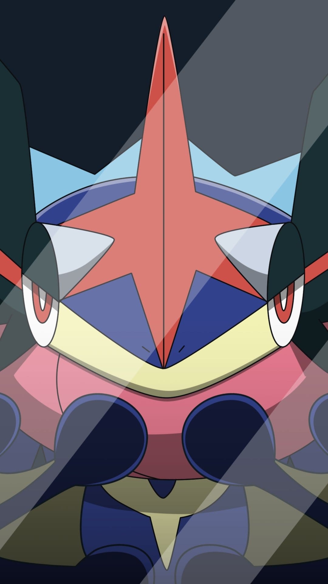 Ash-Greninja staring through reflective glass with a red star crest, intense red eyes, and a pink scarf.