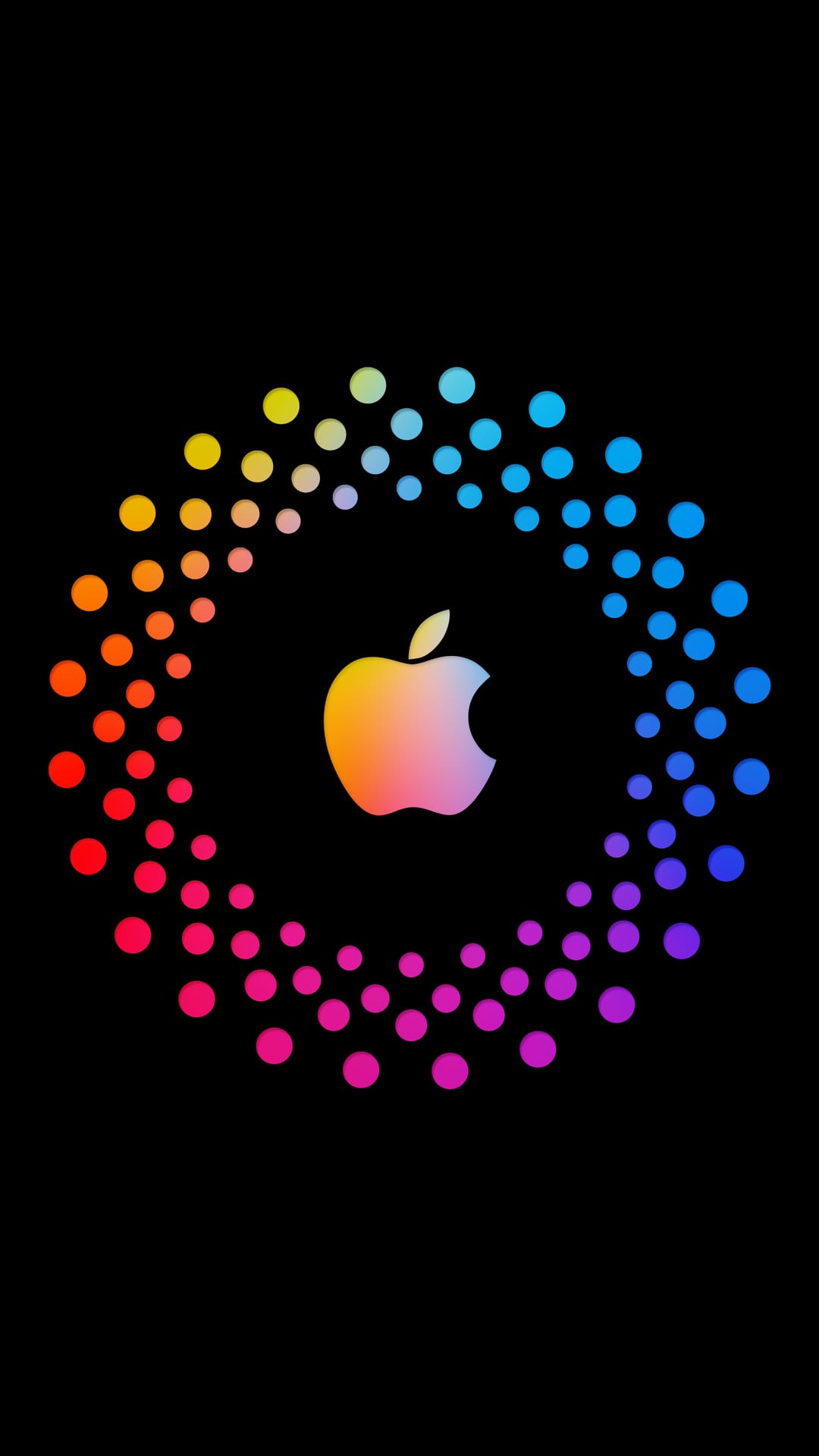 Apple logo with iridescent gradient glow surrounded by a ring of multicolored dots on a solid black background.