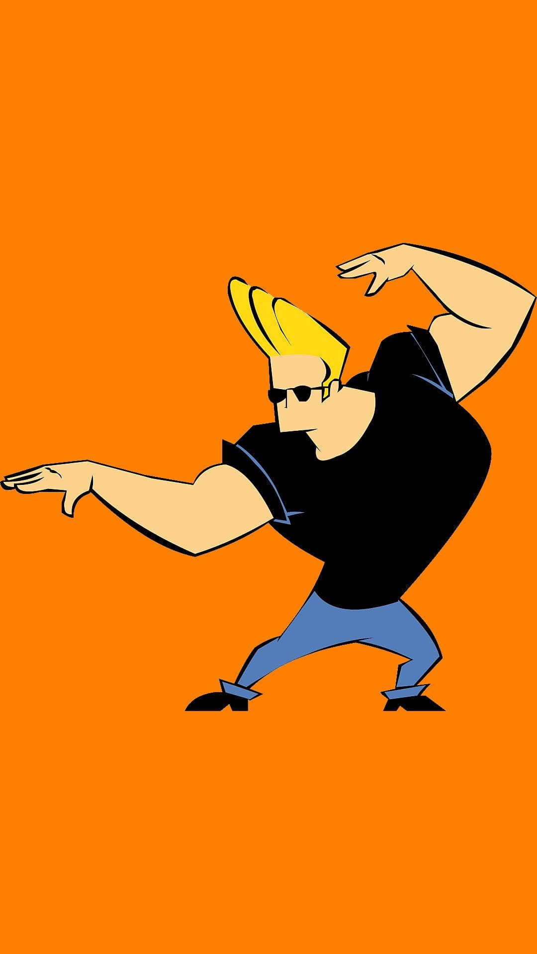 Johnny Bravo poses with crossed arms wearing sunglasses and a black shirt against a solid orange background.