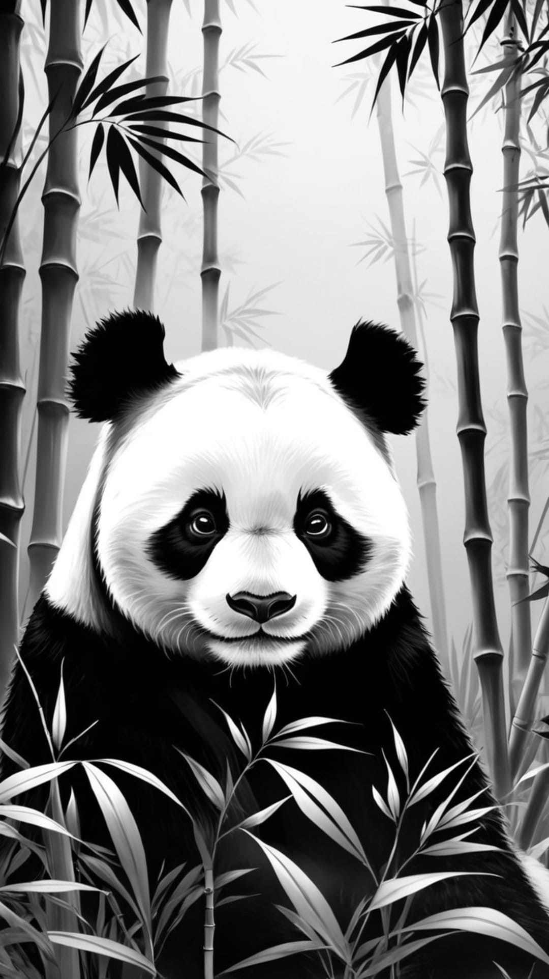 Giant panda with expressive eyes sits among vertical bamboo stalks and leaves in a high-contrast ink drawing.