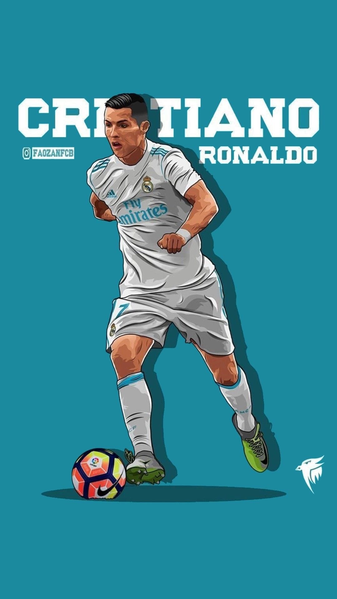 Cristiano Ronaldo in a white kit dribbles a colorful soccer ball against a solid turquoise background with text.