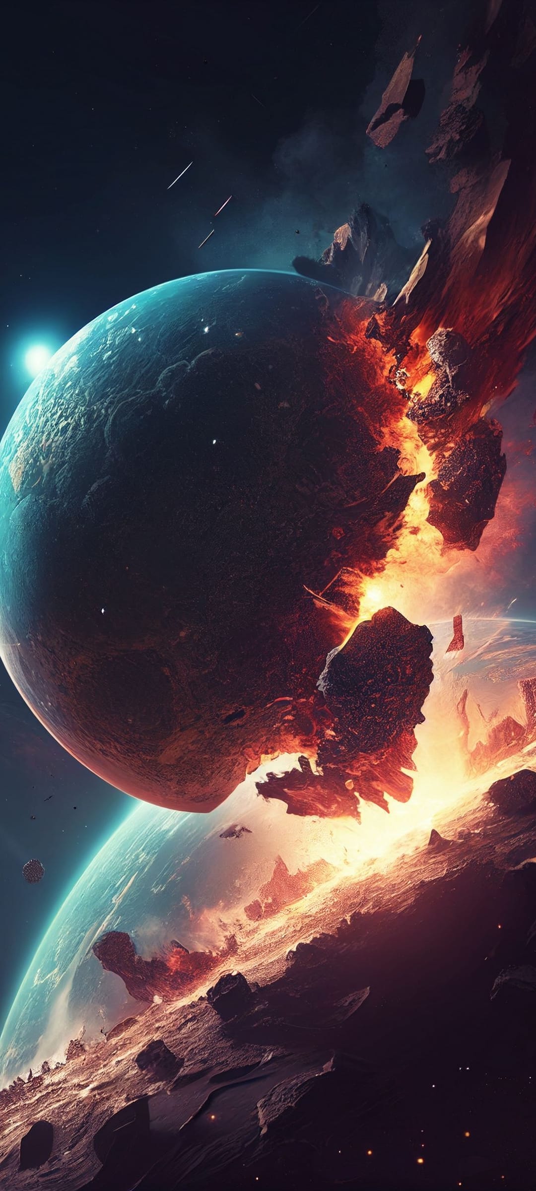 Dying planet fracturing with fiery orange explosions and molten debris against a dark cosmic void and blue orb.