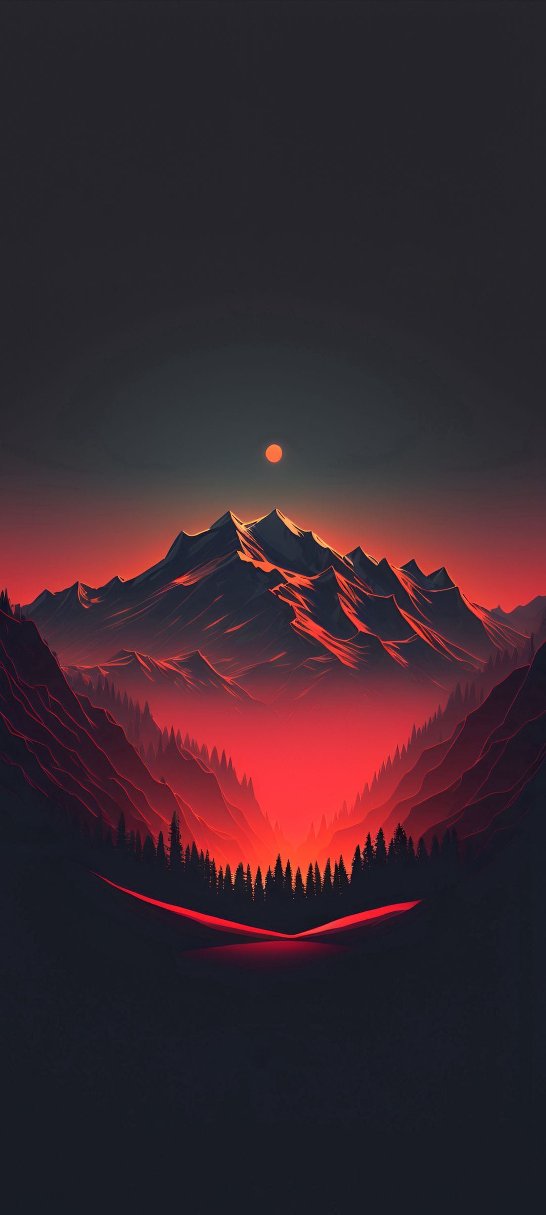 Dark silhouetted pine trees and mountain peaks contrast against a glowing red and orange twilight sky at dusk.