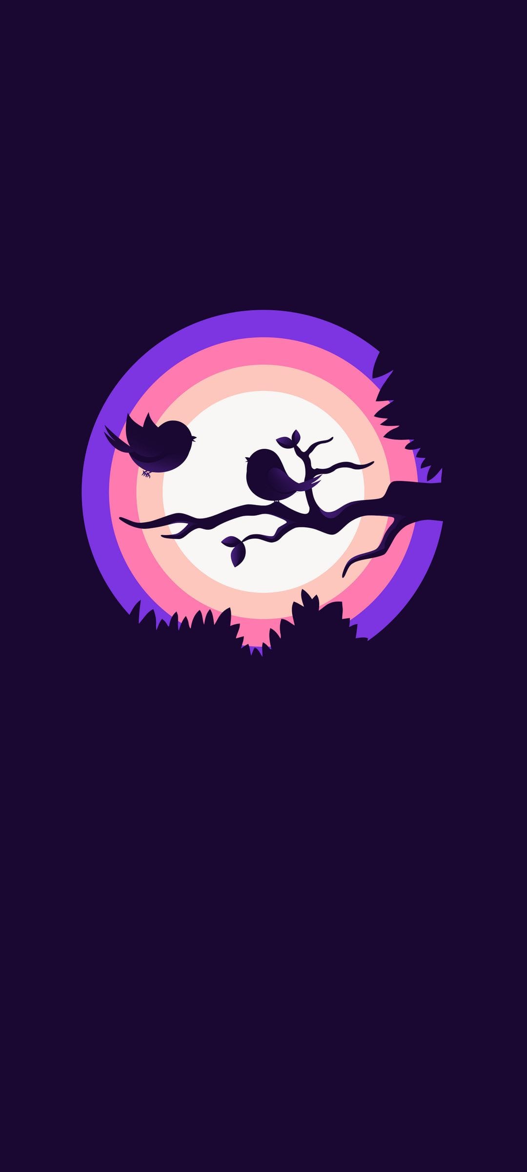Two birds perched on a dark branch silhouetted against a large purple and pink concentric circle background.