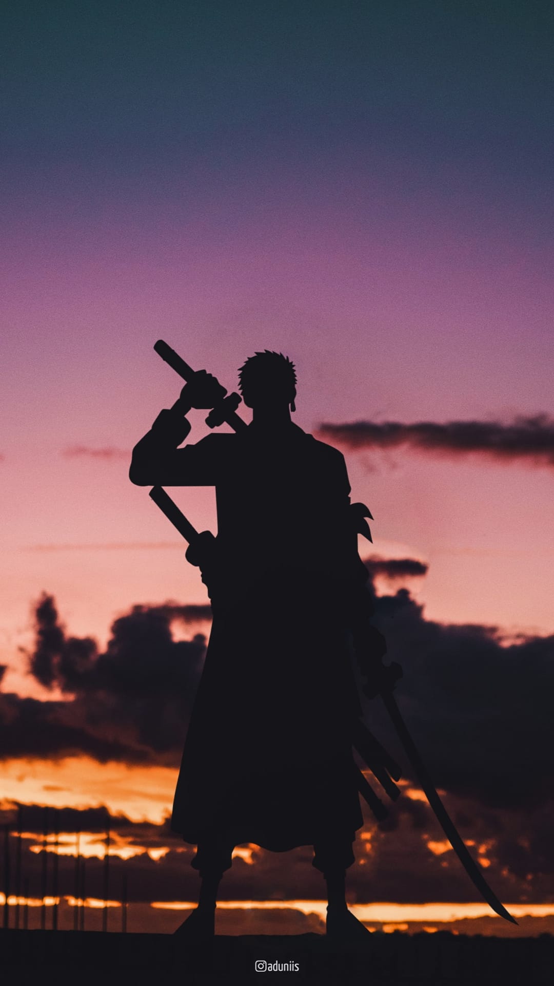 Three-sword warrior silhouette stands before a purple and orange sunset sky with dark, textured clouds.