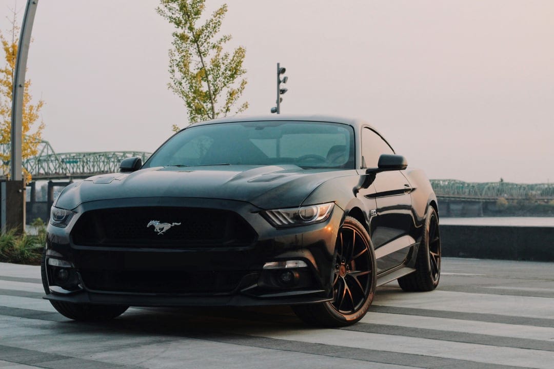 Black Ford Mustang parked on textured asphalt with a blurred bridge and trees in the urban background.