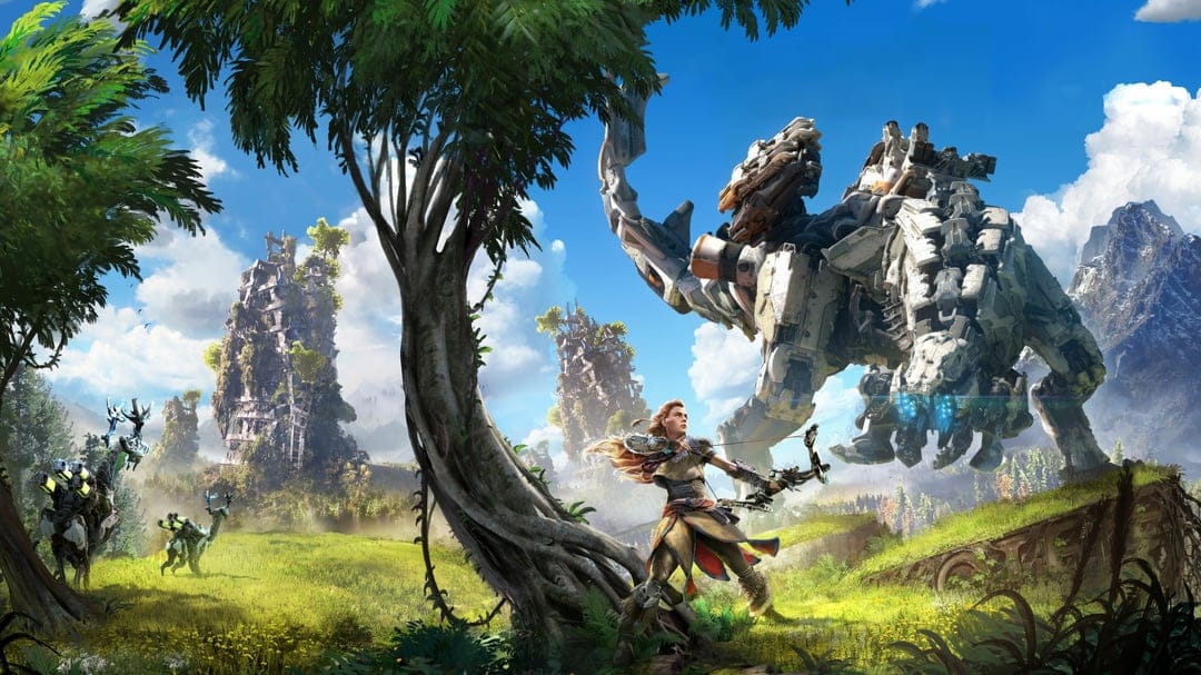 Aloy aims her bow at a giant mechanical dinosaur amidst lush green hills and crumbling skyscraper ruins.