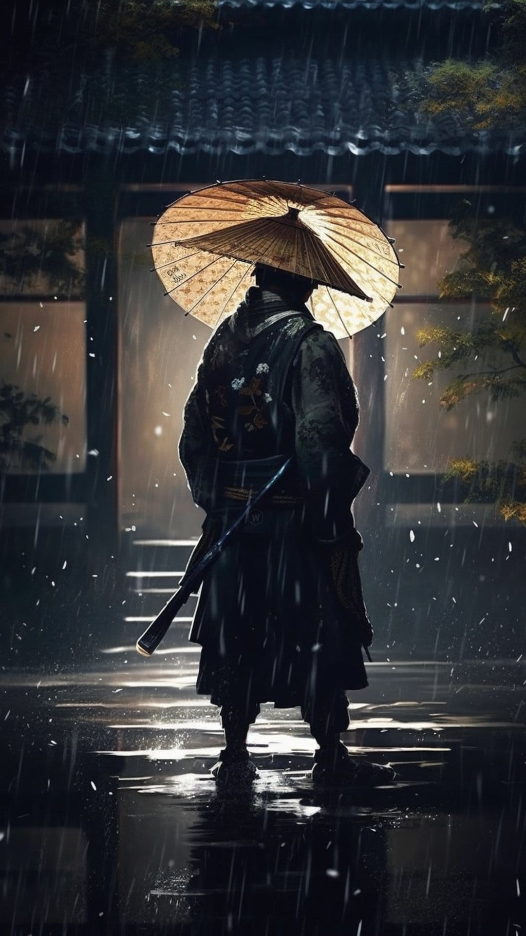 Samurai warrior in traditional robes holding a paper umbrella in the rain with glowing wet ground reflections.