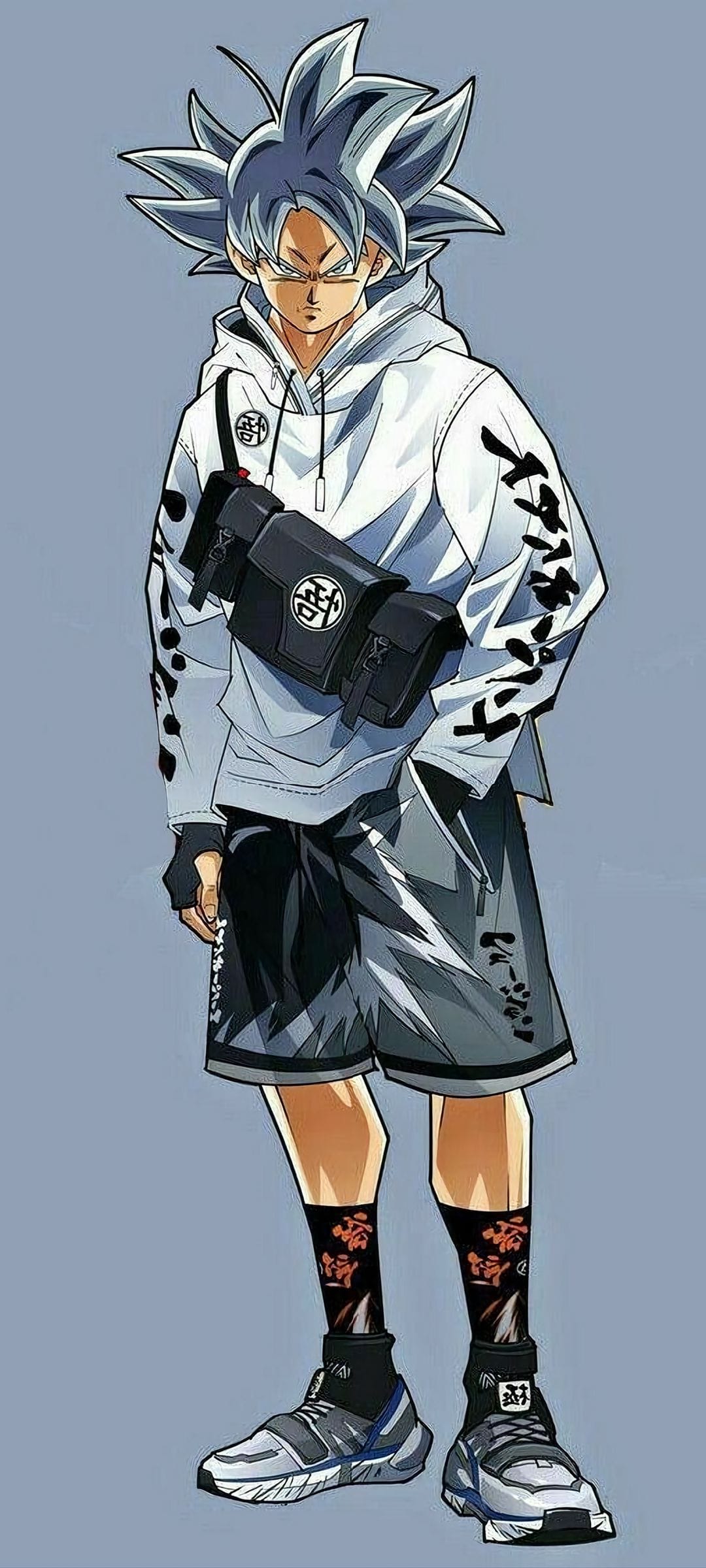 Goku in Ultra Instinct form wears a white hoodie, crossbody bag, and grey shorts with glowing silver hair.