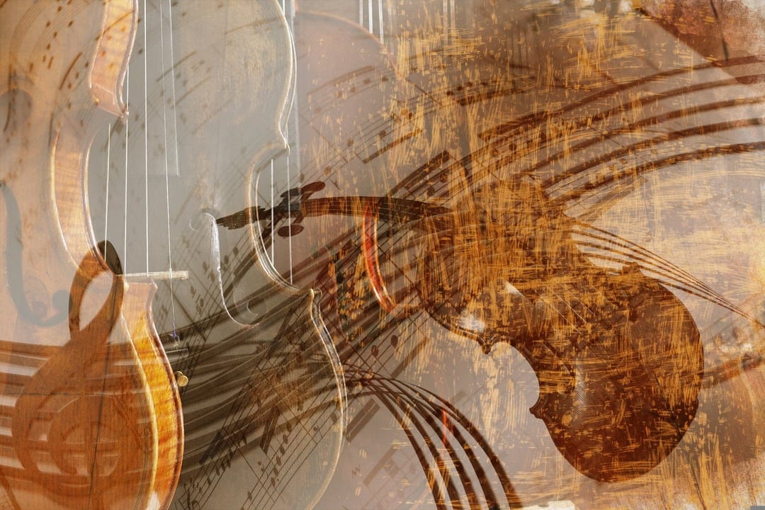 Violin silhouette merging with musical notes and distressed textures in a vertical artistic composition.