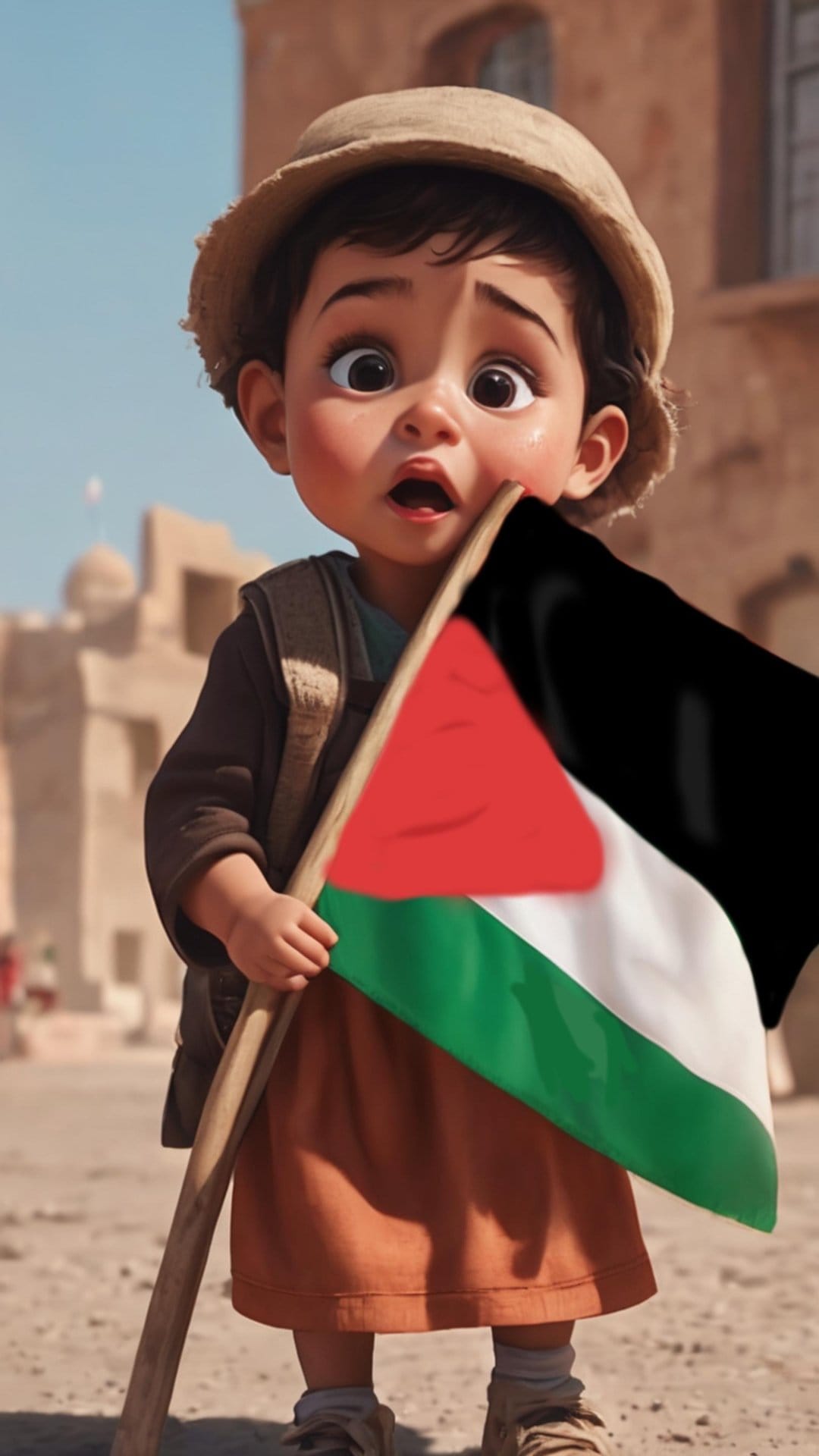Small child with expressive eyes holds a Palestinian flag in front of crumbling grey buildings and rubble.