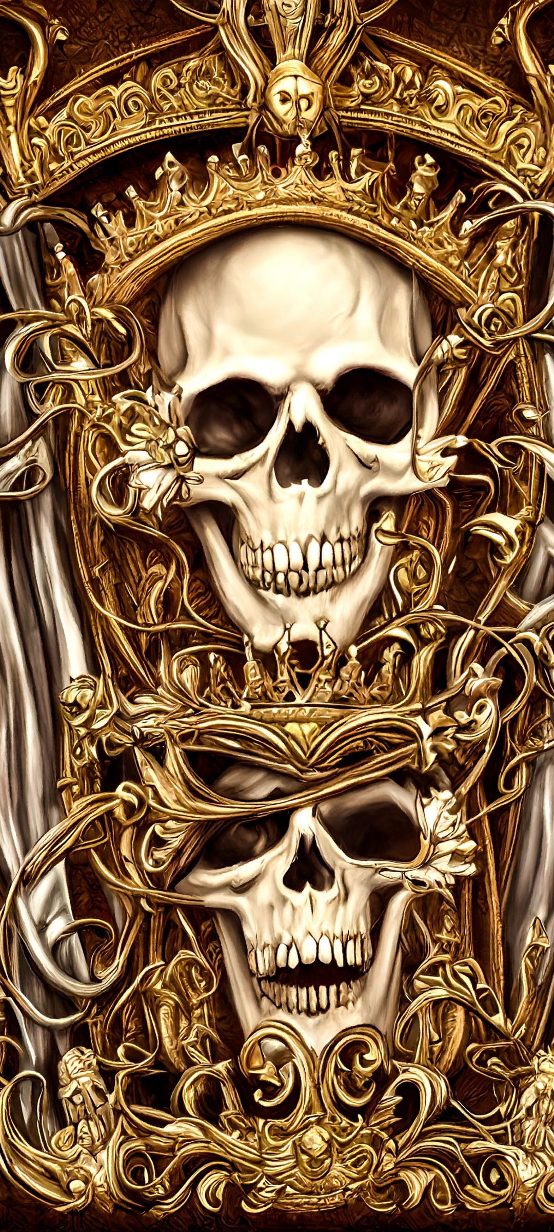 Crowned skulls with golden baroque filigree and intricate metalwork details sit against a dark backdrop.