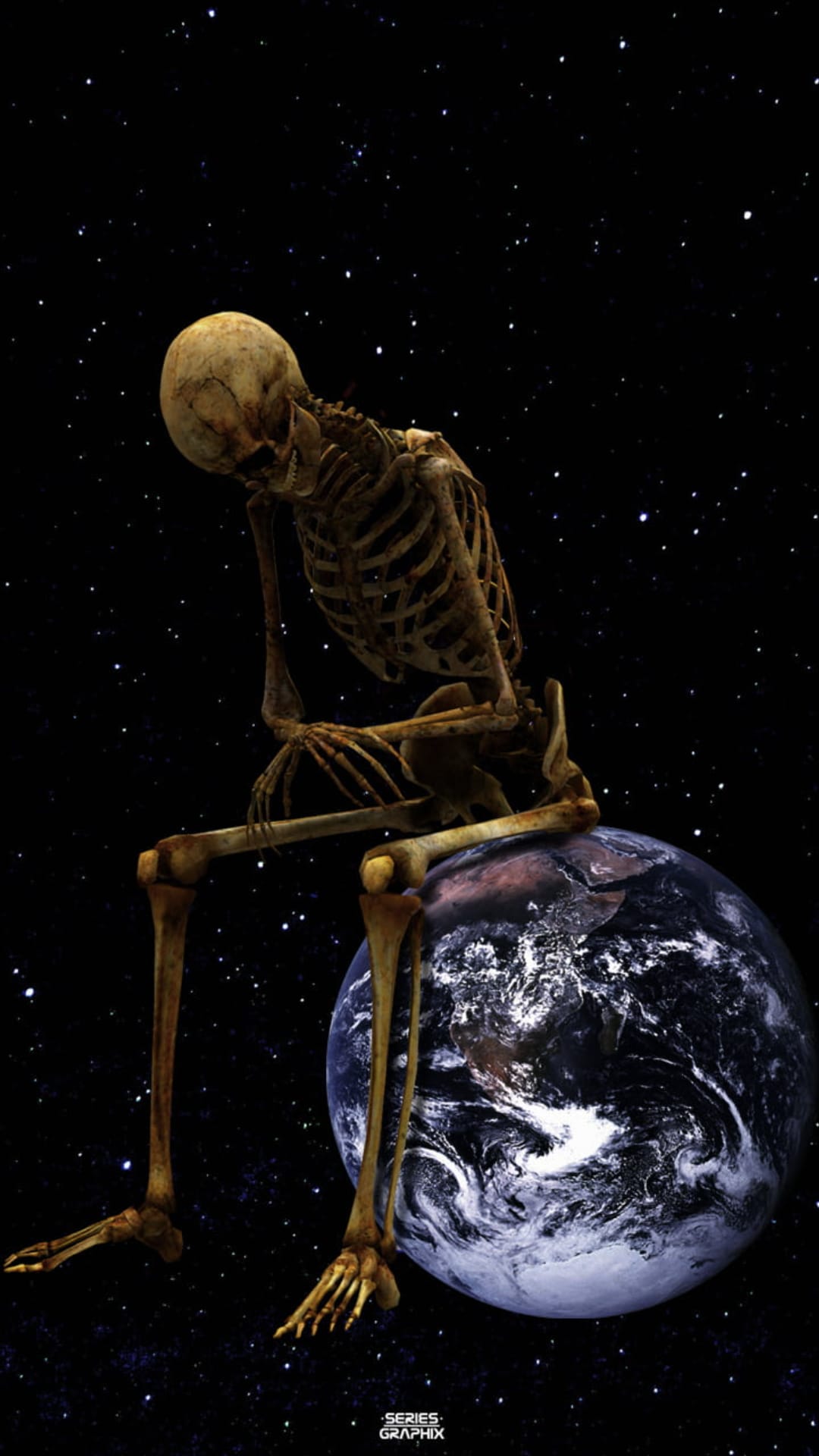 Skeleton sitting on top of the blue Earth sphere while looking out into a dark galaxy filled with distant stars.