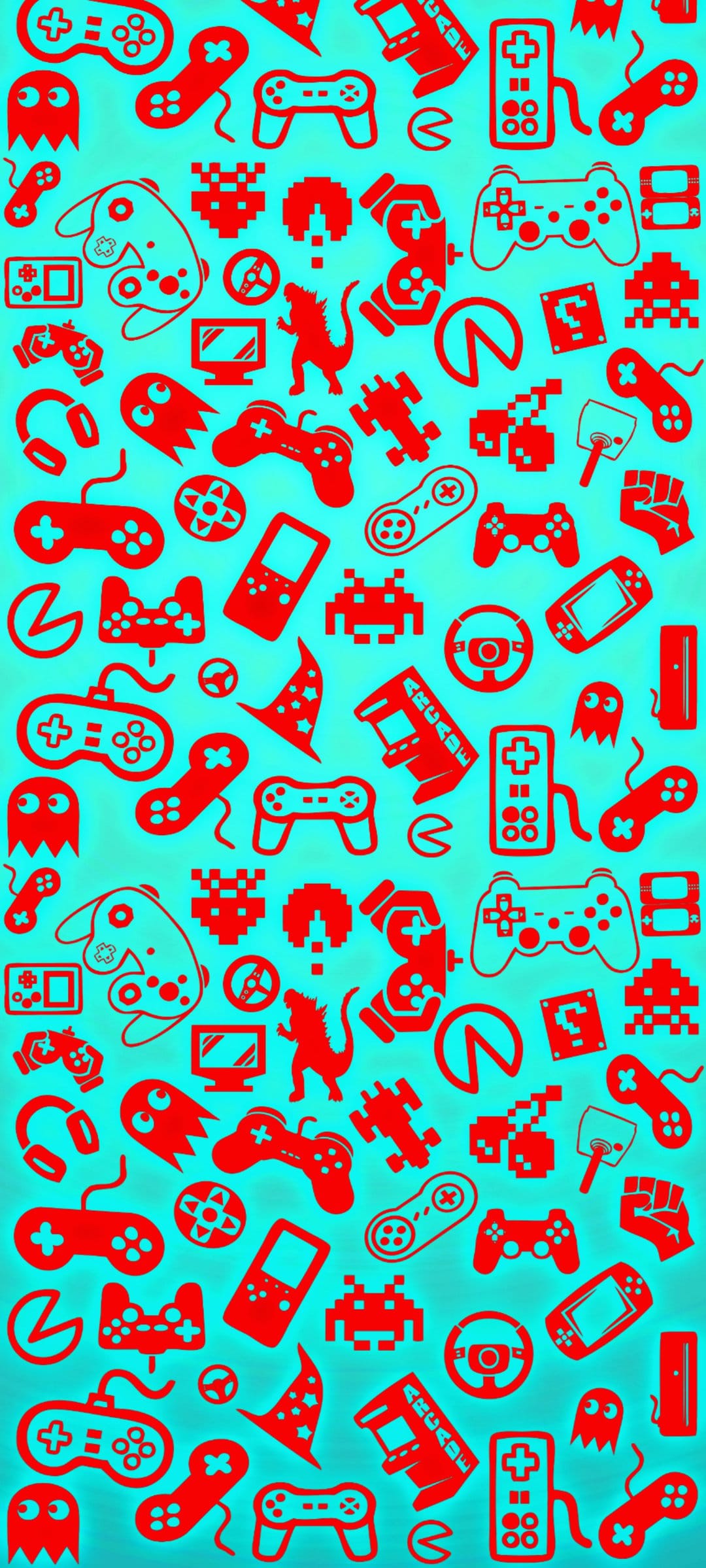 Red pixelated arcade icons including controllers and ghosts arranged in a grid over a solid teal background.