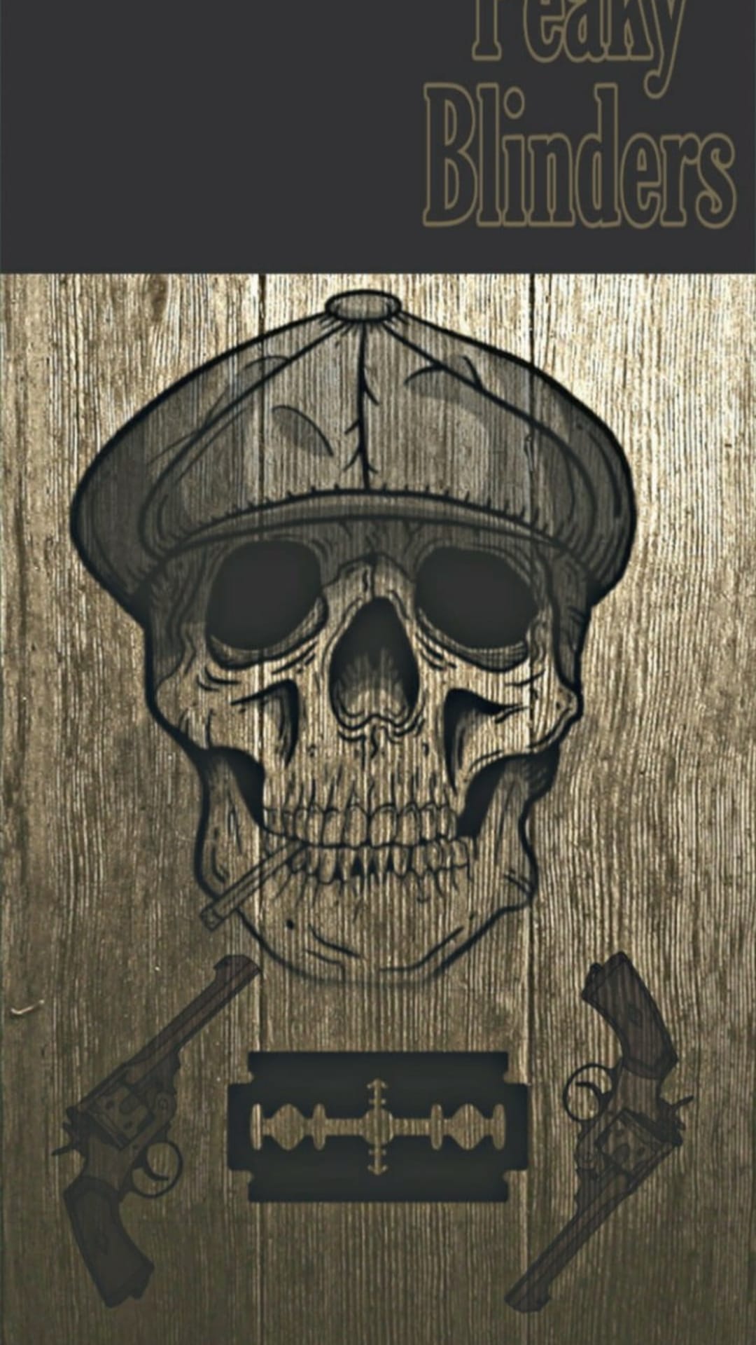 Skull wearing a flat cap with a cigarette, flanked by two revolvers and a razor blade on a wooden surface.