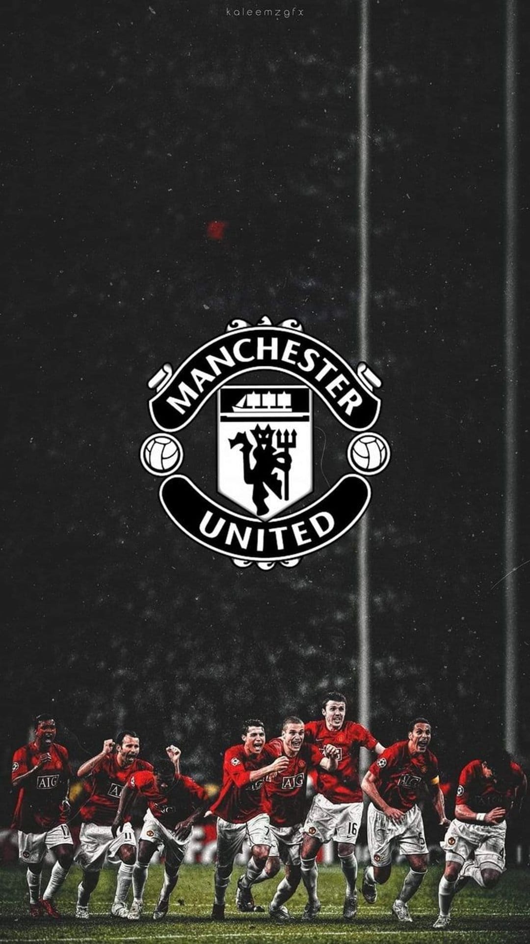 Manchester United players cheer beneath a large club crest set against a gritty, dark textured mobile background.