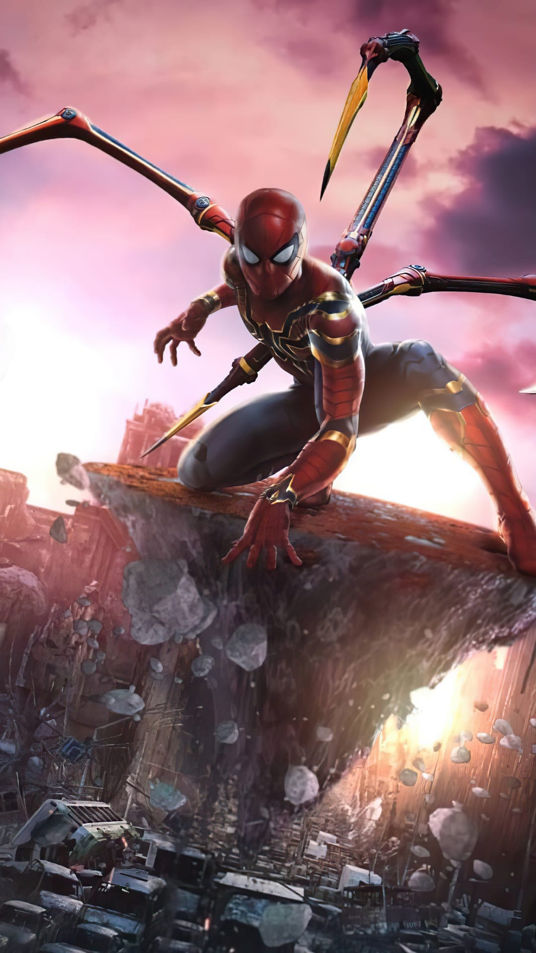 Spider-Man in his gold-accented Iron Spider suit crouches on a rocky cliff overlooking a destroyed city.