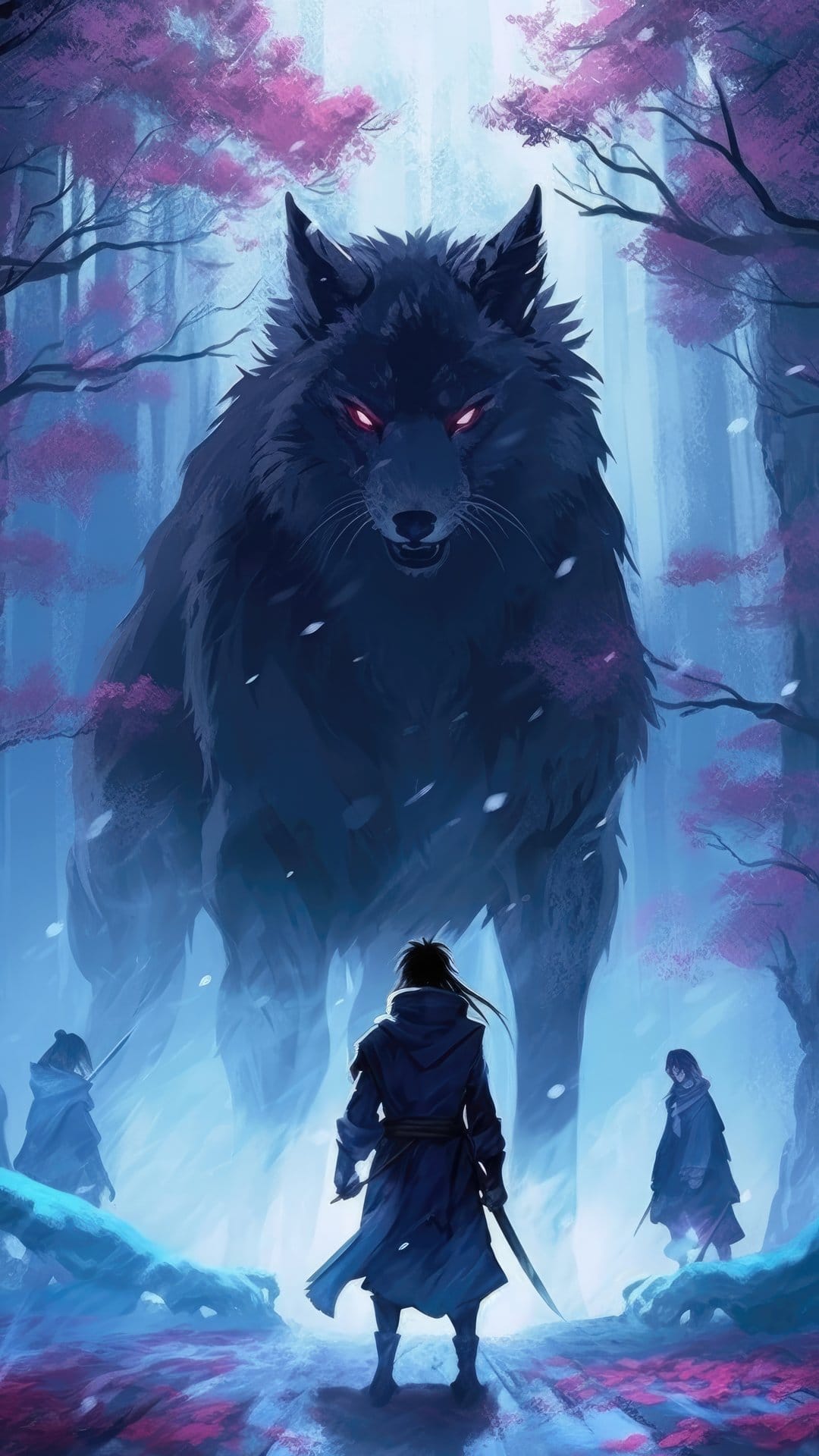 A massive black wolf with glowing red eyes stands before three warriors in a snowy cherry blossom forest.