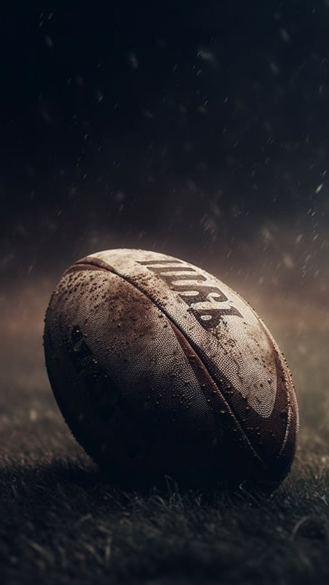 Worn rugby ball covered in rain sits on a wet turf field with a dark, atmospheric bokeh background effect.