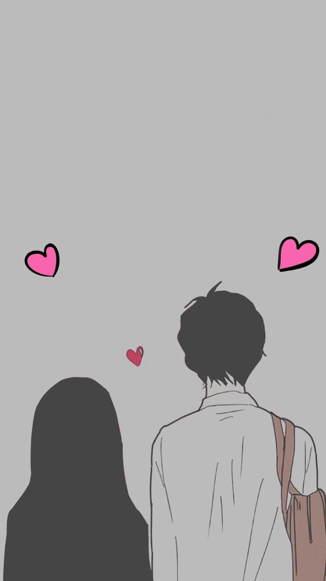 Two person silhouette standing with three pink hearts on a light gray background for a vertical mobile screen.