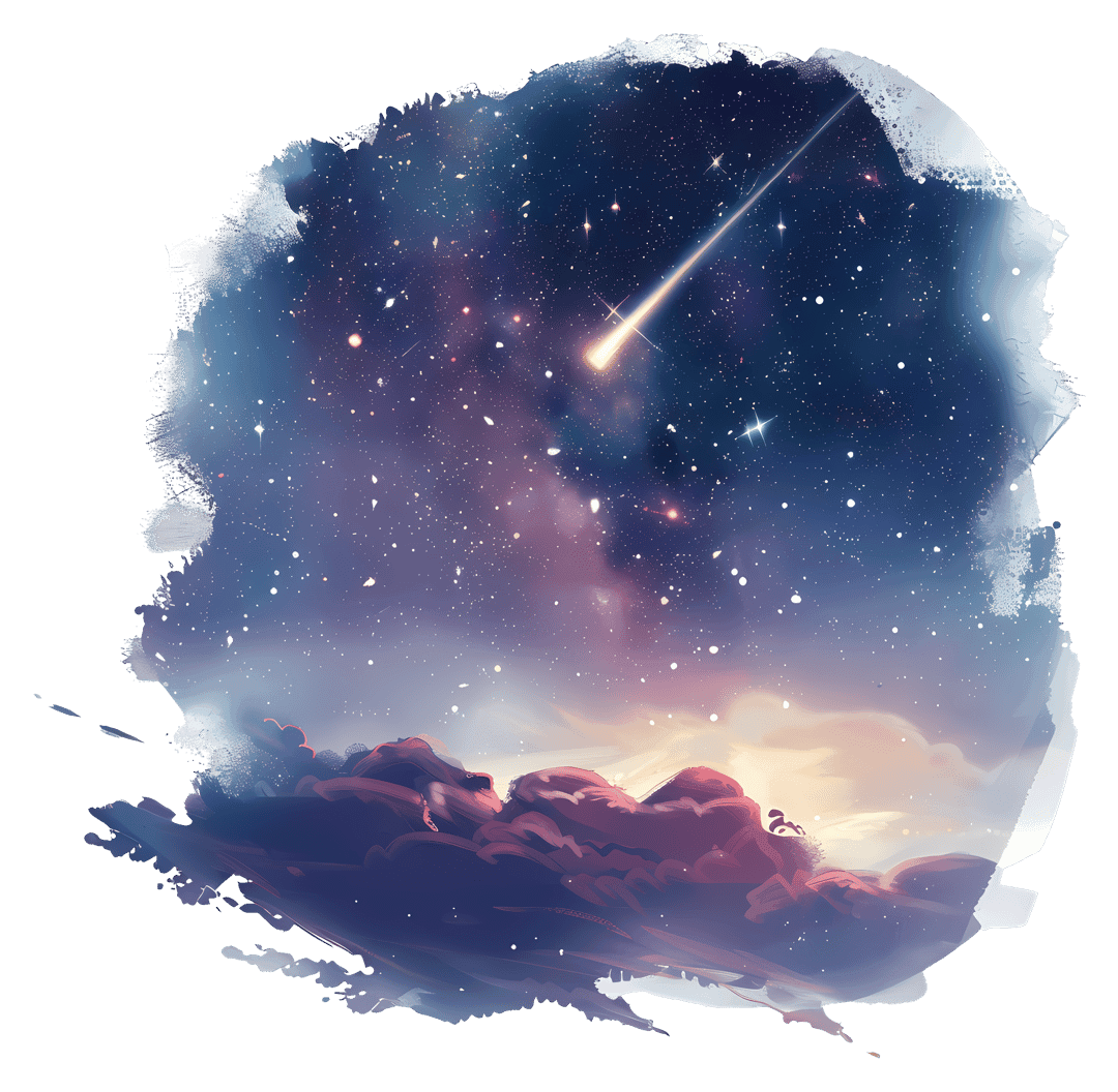 Shooting star meteor streaking through a dark star-filled sky with a glowing light trail and starfield background.