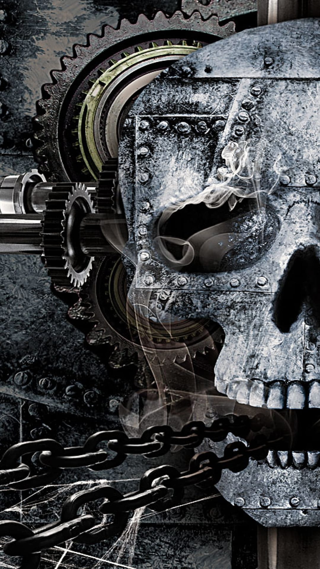 Metallic skull with intricate gears and heavy chains emitting smoke from eye sockets against a dark background.