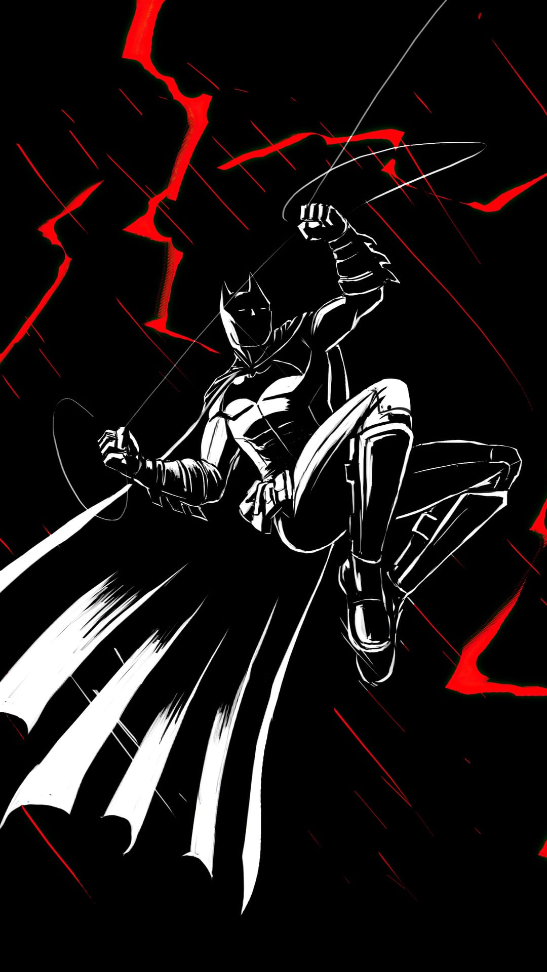 Batman swings through the air with a grappling hook amidst glowing red lightning bolts in a dark Gotham city.