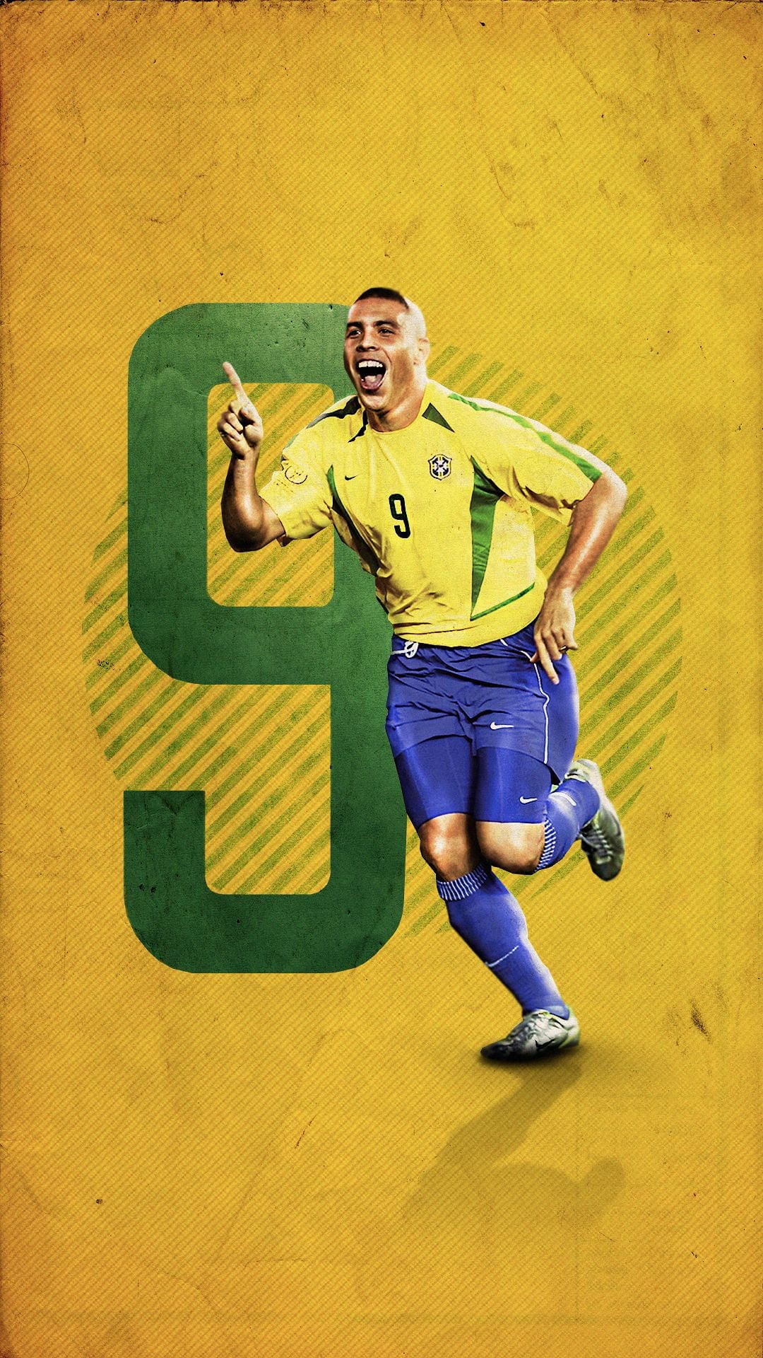 Ronaldo Nazário points upward celebrating in a yellow Brazil jersey against a distressed green textured backdrop.