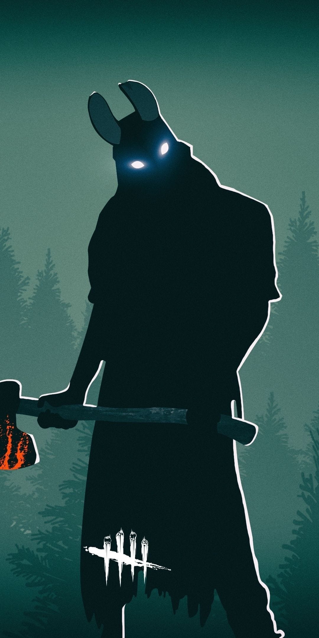 Dark silhouette of a rabbit-masked figure holding a glowing orange axe in a misty pine forest at night.