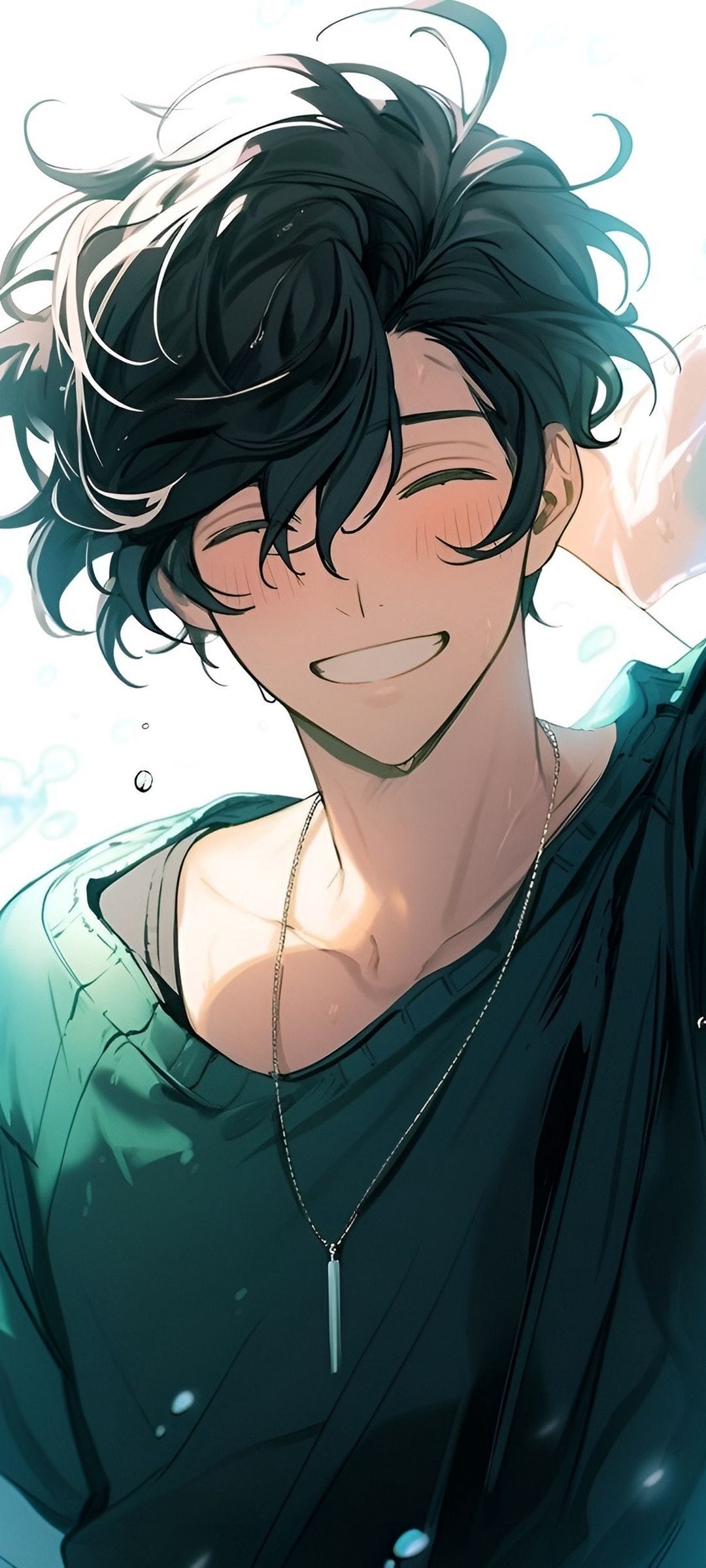 Anime boy with dark teal hair and a wide smile wearing a silver necklace against a bright floral background.