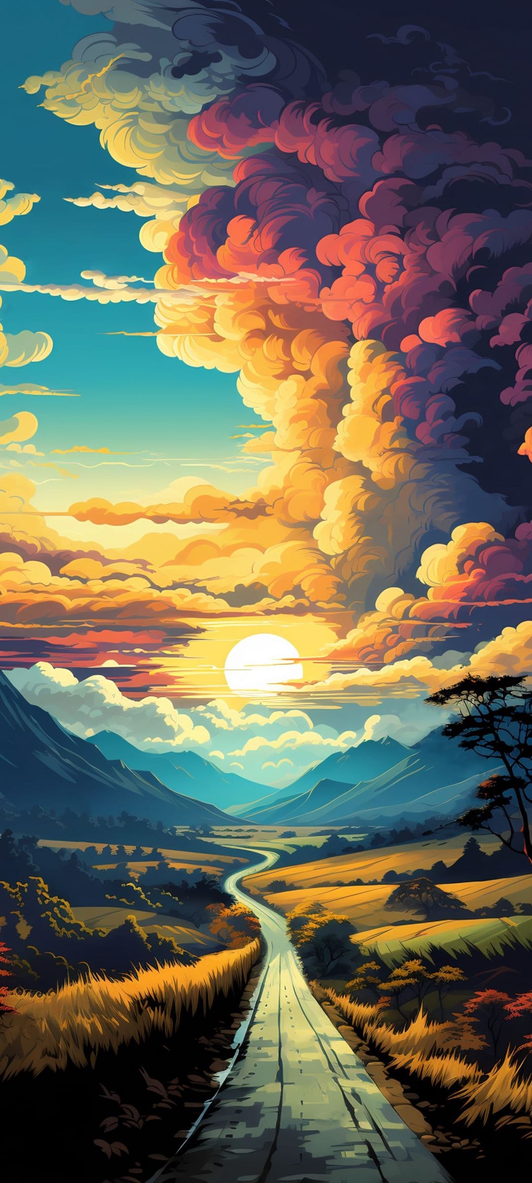 Winding road curves through a lush green mountain valley under a sky filled with dramatic orange and pink clouds.