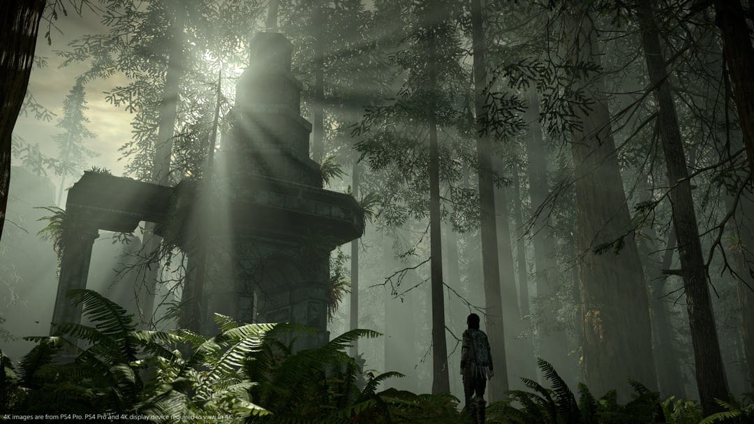 Lone warrior standing before ancient stone ruins in a dense, misty forest with dramatic sunbeams and tall trees.