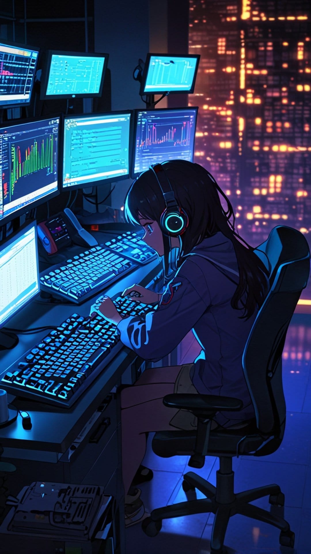 Anime girl wearing headphones looks at glowing computer monitors with a dark city skyline visible through a window.