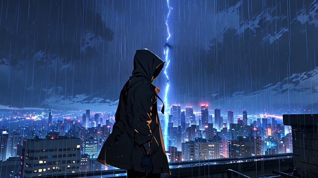 Cloaked man watches a massive lightning bolt hit a rainy metropolis from a dark rooftop during a heavy storm.