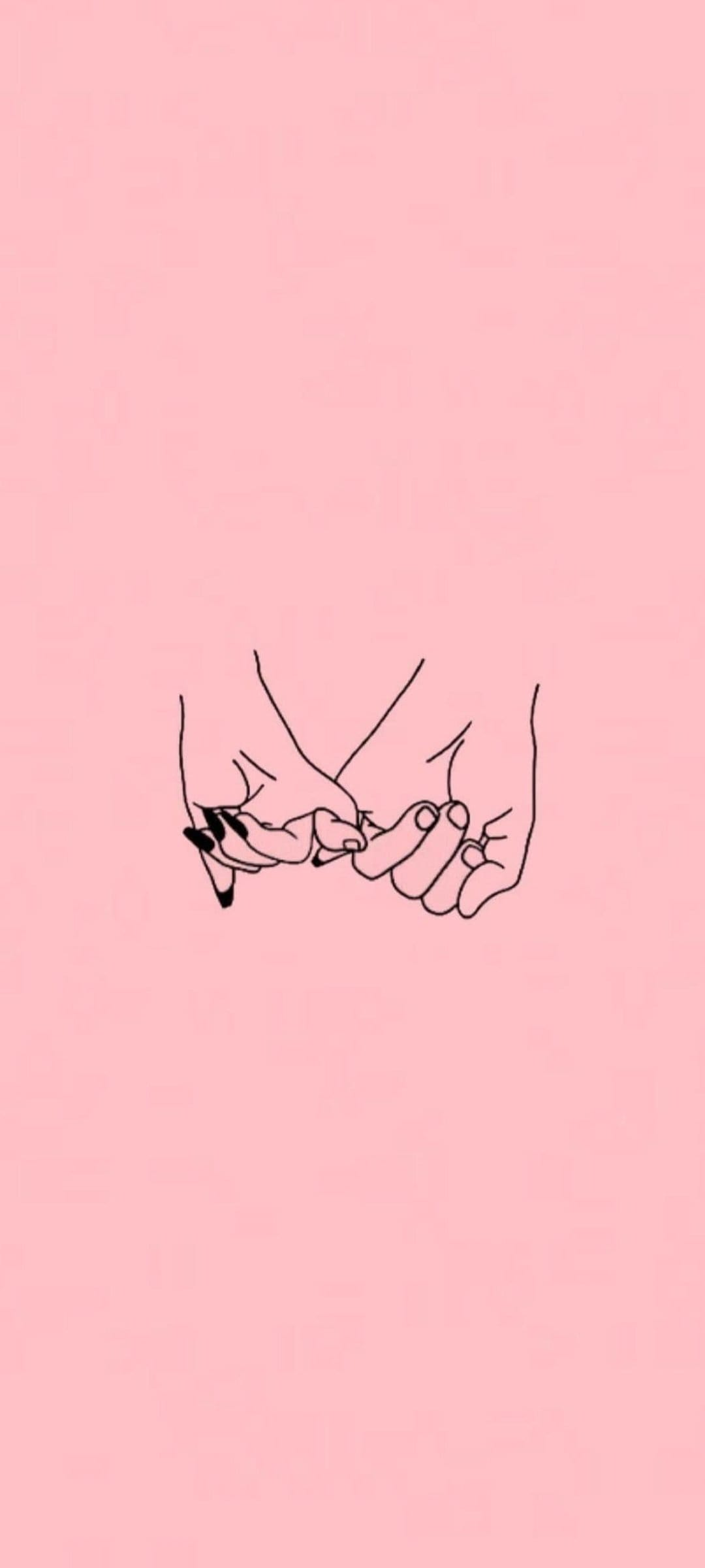 Interlocked pinky fingers in black line art over a solid salmon pink background for a vertical screen display.