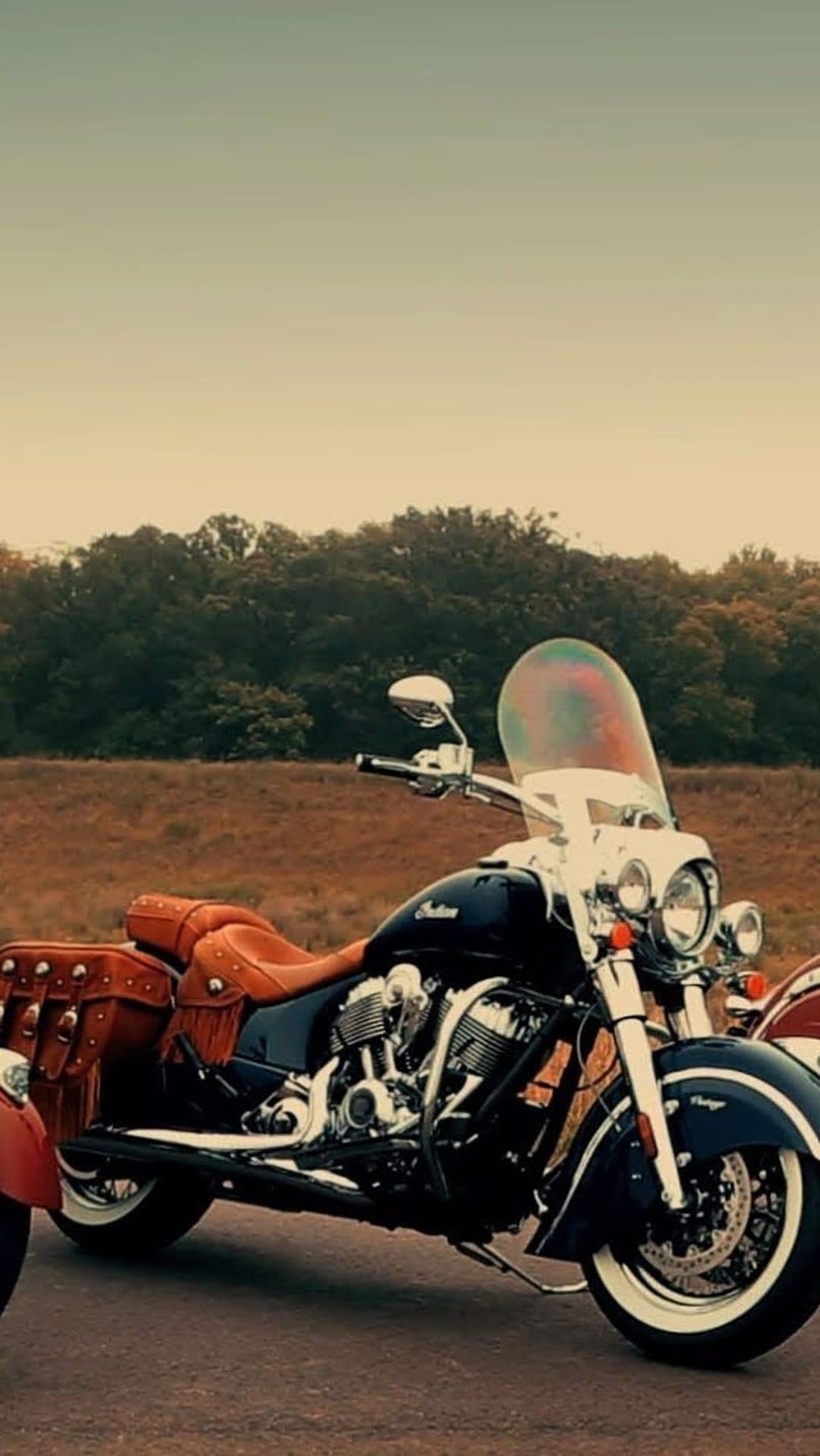 Black Indian motorcycle with brown leather saddlebags parked outdoors against a blurred forest background.