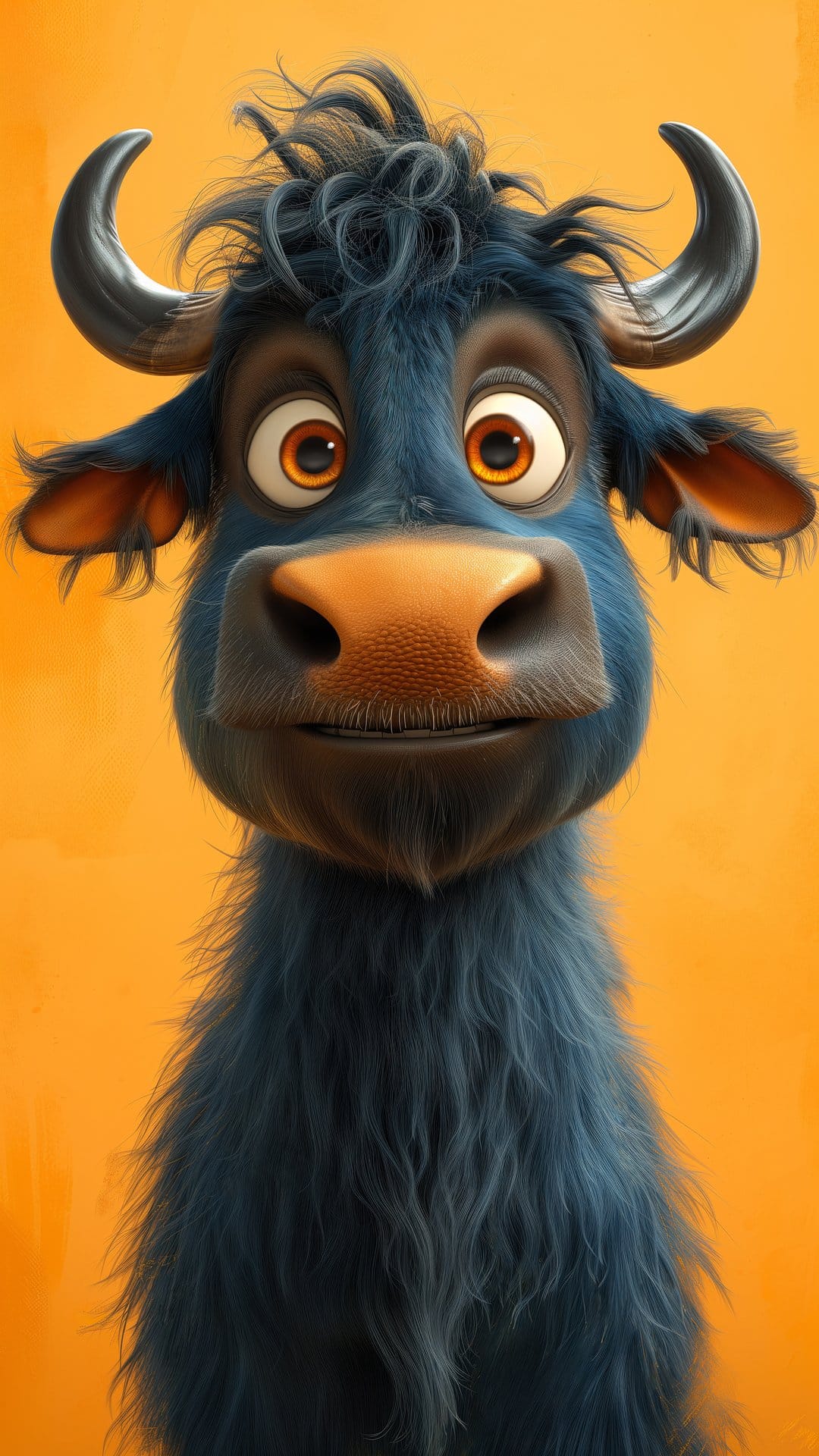 Fuzzy blue monster with large orange eyes and small horns posed against a solid bright orange background.