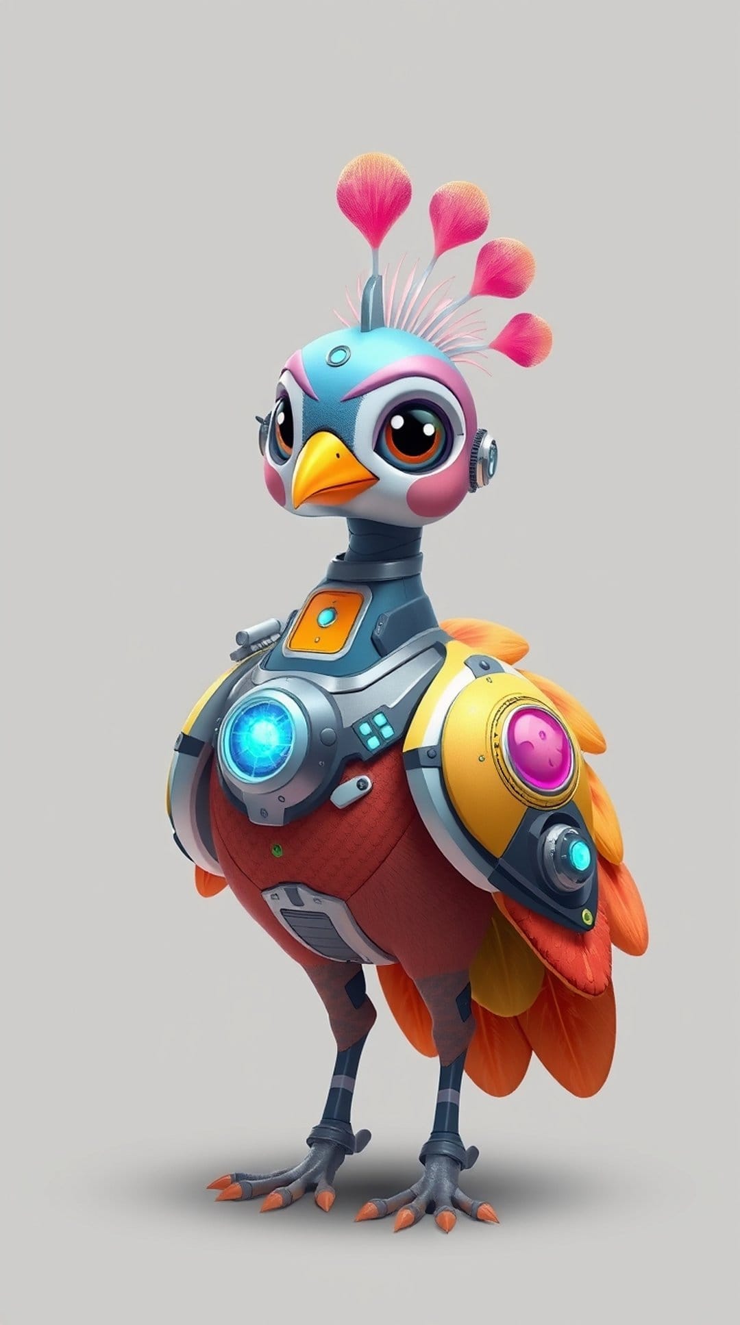 Robotic peacock with a blue crest, yellow beak, and glowing neon circular plates on a colorful armored body.