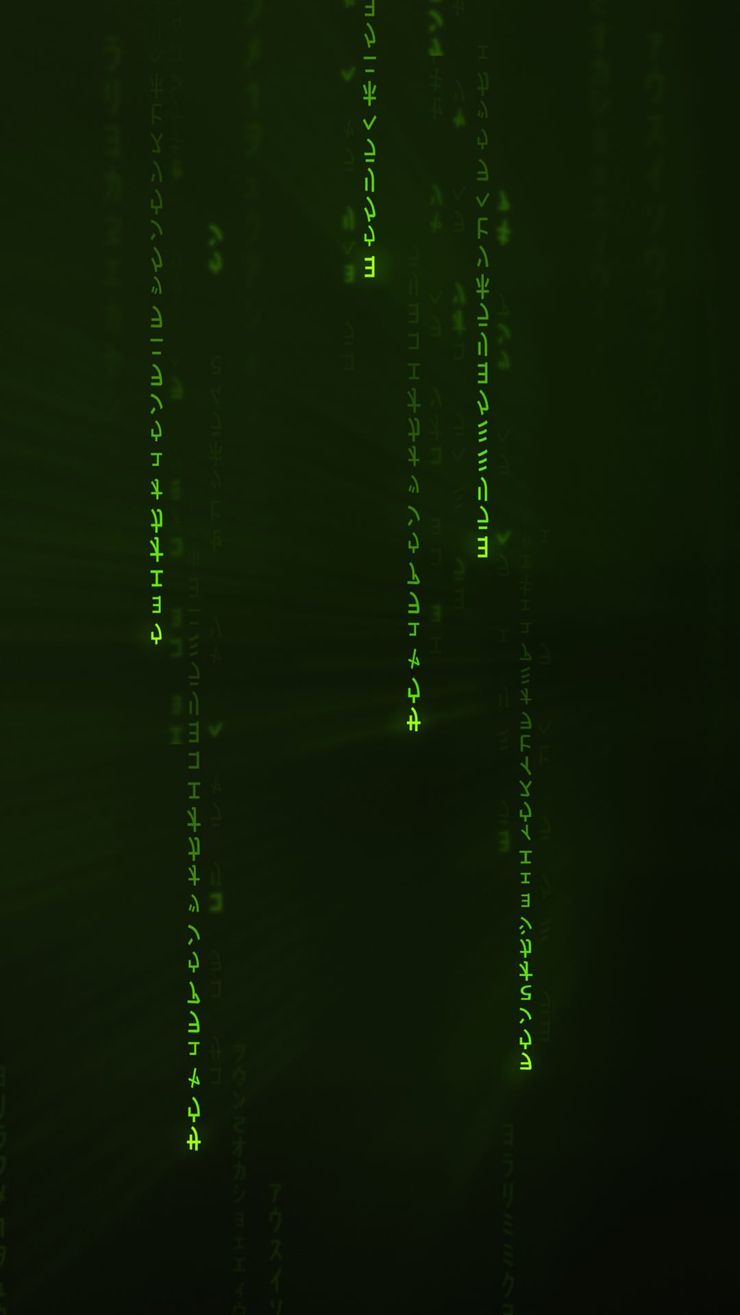 Vertical streams of glowing green characters and symbols fall against a pitch-black background in a data rain.