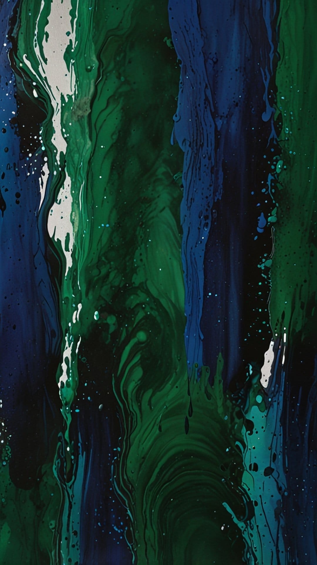 Vertical streaks of dark blue and bright green paint drip downward with scattered white droplets across the scene.