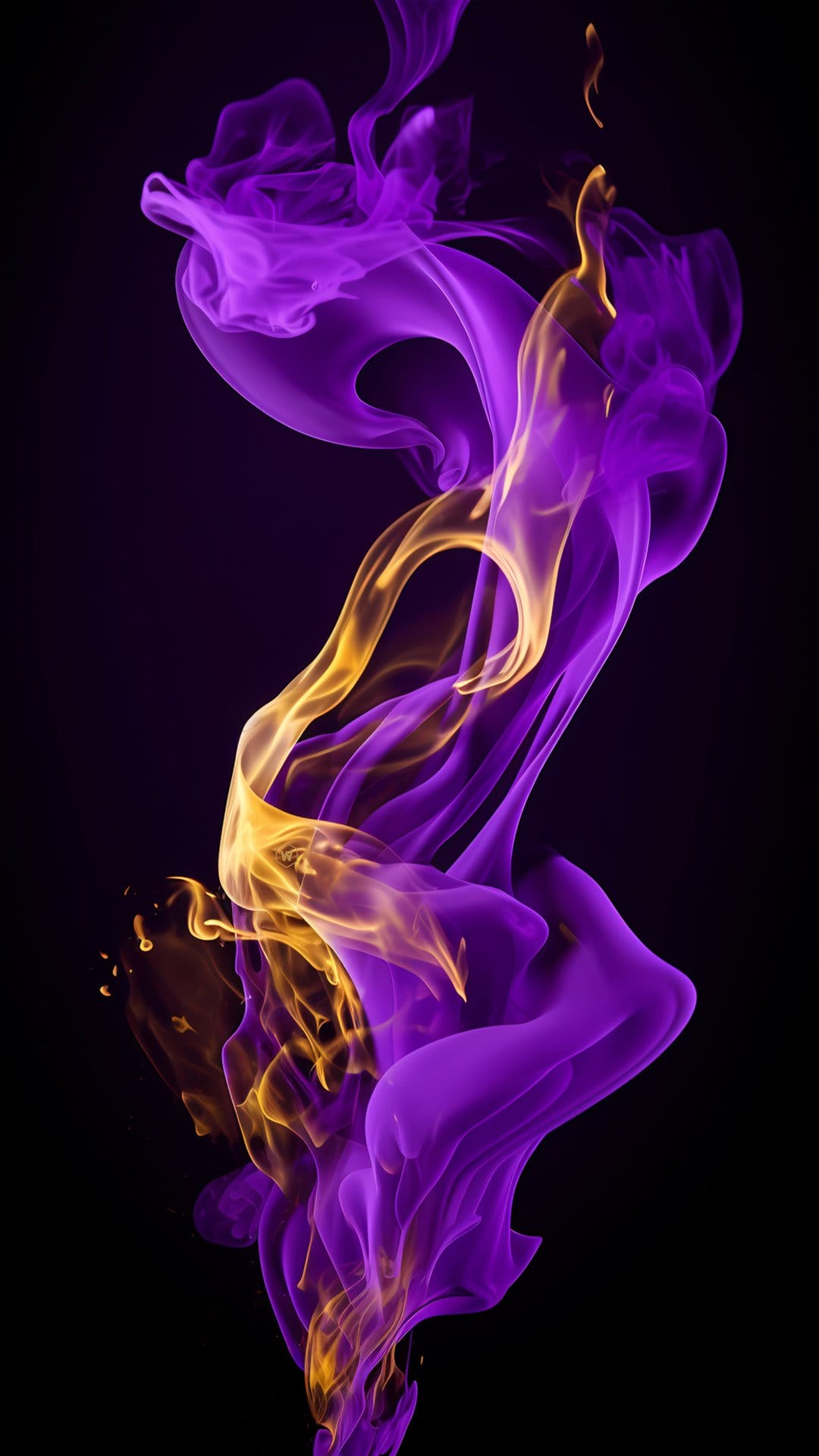 Purple and gold smoke wisps swirling and twisting against a solid black background in a vertical composition.