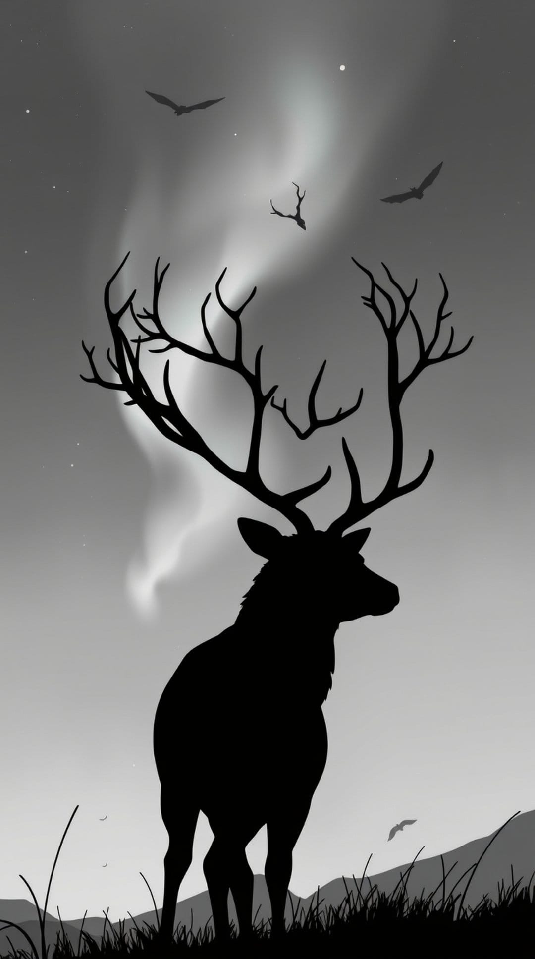 Stag with large antlers silhouetted against a swirling green and purple aurora borealis in a starry night sky.