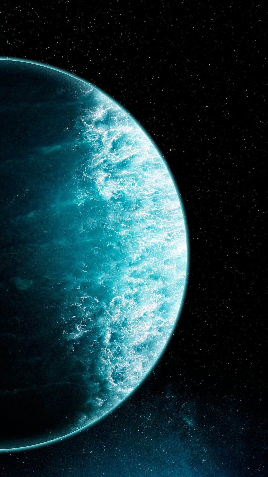 Turquoise planet with swirling surface textures glowing against a dark space background filled with white stars.
