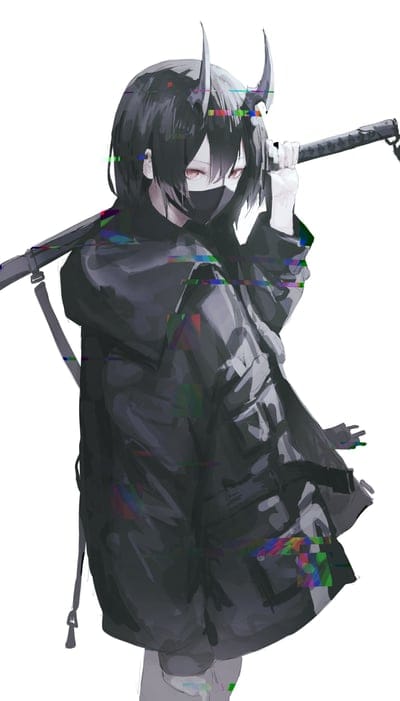 girl,horns,mask,jacket,katana,black,white background,anime,art
