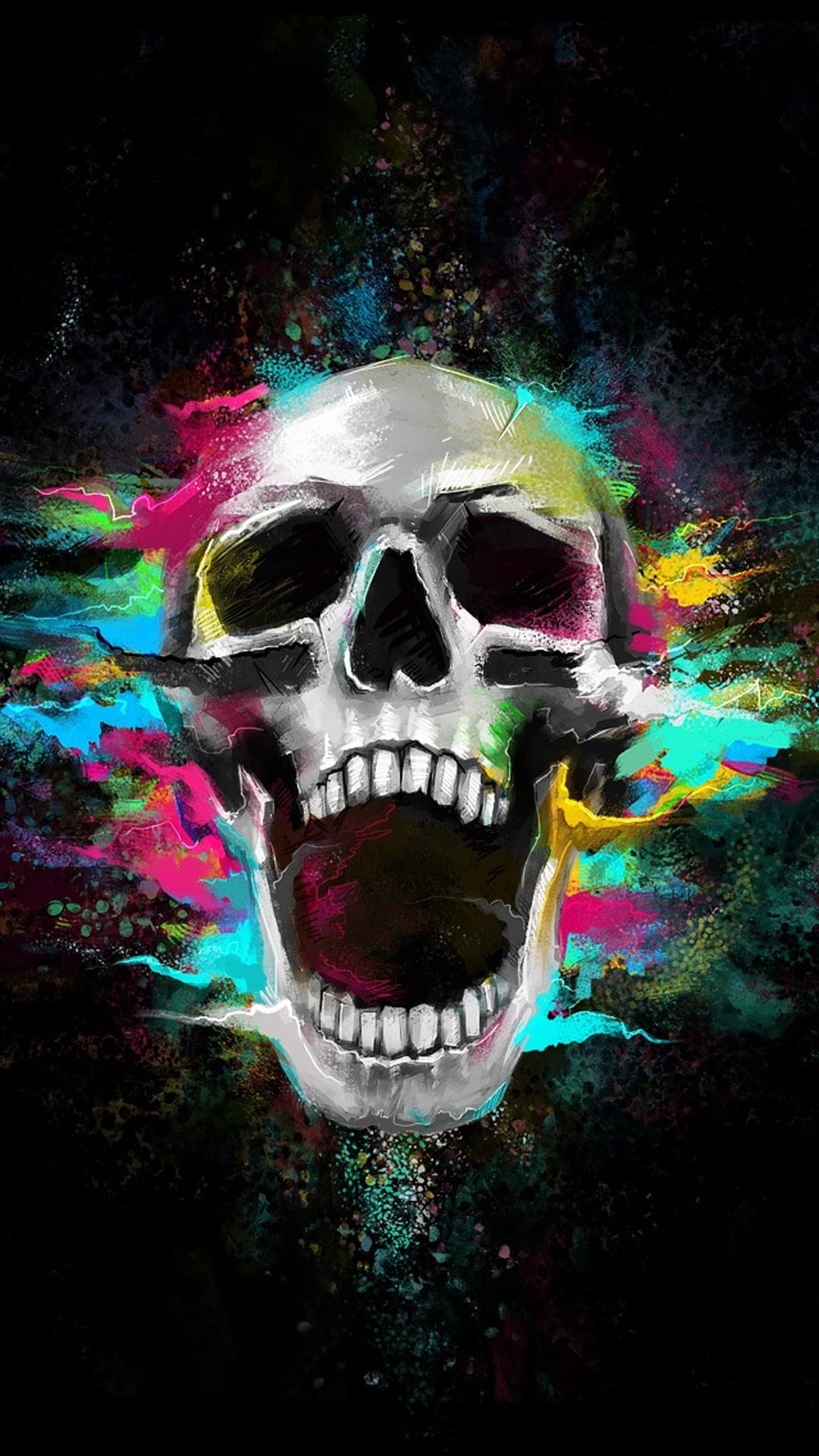 Human skull fragmenting into neon pink and blue paint splatters against a dark, pitch-black background.