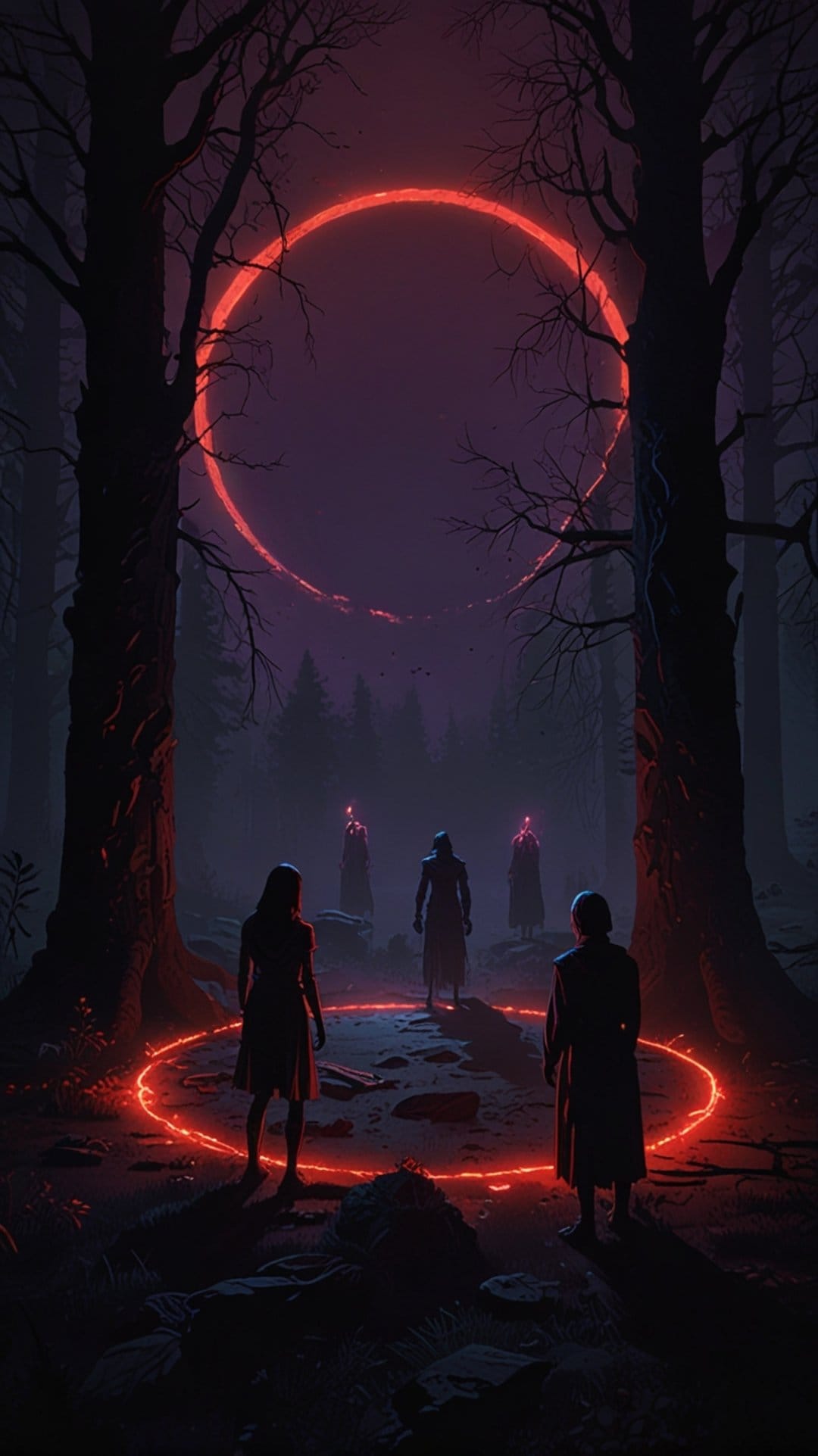 Cloaked figures stand within a glowing red circle on a forest floor under a large crimson celestial ring.