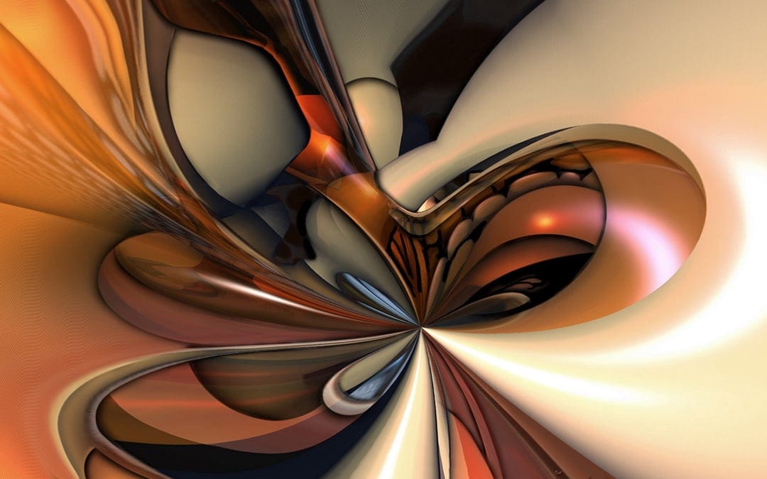 Symmetrical fluid 3D swirls in metallic orange and brown resemble a stylized butterfly with polished textures.