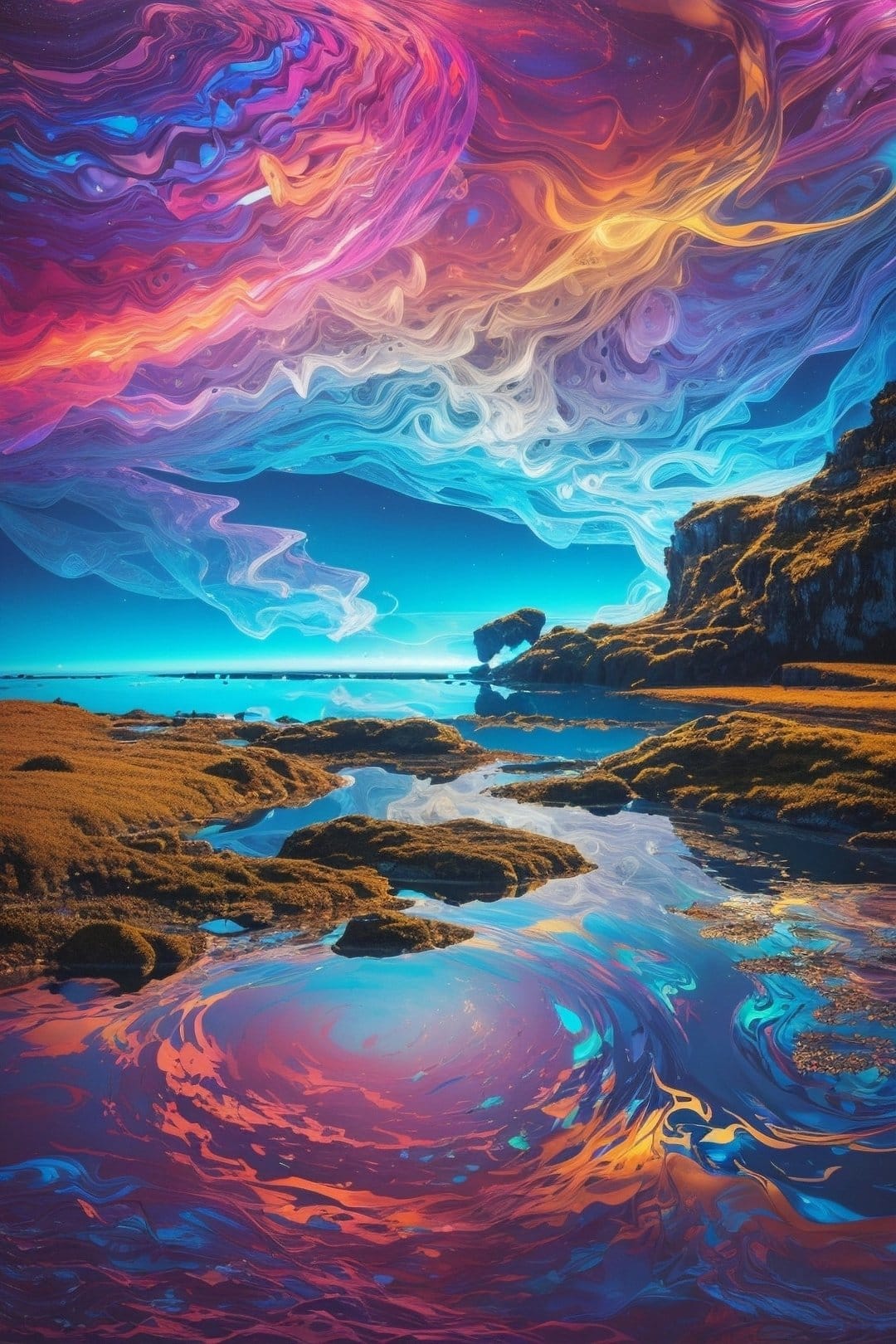 Swirling pink and orange clouds hover over a rocky shoreline with marbled blue and purple tide pools.