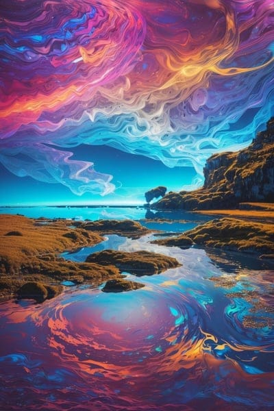 shore,rocks,sea,clouds,sky,sunset,pink,blue,nature,landscape,ai,art