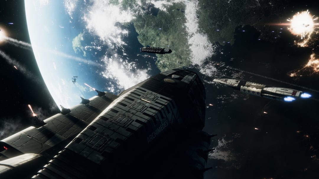 Huge space cruiser Archimedes fires weapons in orbit above a green planet during a cinematic space battle.
